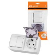 Блок выключатель 2-клавишный 10А + розетка 2П+З 16А с защитными шторками с прозрачной крышкой IP54 белый «Селигер» TDM