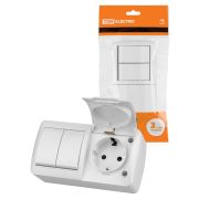 Блок выключатель 2-клавишный 10А + розетка 2П+З 16А с защитными шторками с крышкой IP54 белый «Селигер» TDM